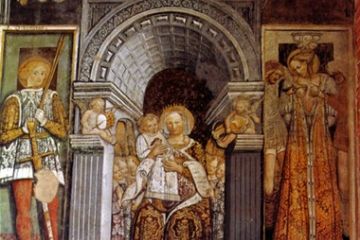 Affresco Madonna in Trono con il Bambino e ai lati San Sebastiano e Sant'Agata